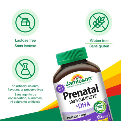 Jamieson Prenatal 100% Complete Multivitamin + DHA, with Folic Acid and Iron, 60 Softgels. For Prenatal, Postnatal and Breastfeeding, Supports Baby's Developing Brain, Gluten-Free, One Per Day