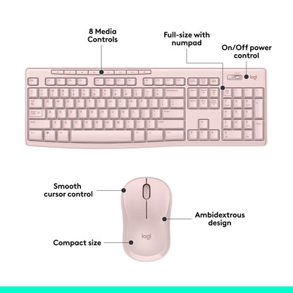 Logitech MK270 Wireless Keyboard and Mouse Combo for Windows, 2.4 GHz Wireless, Compact Mouse, 8 Multimedia and Shortcut Keys, 2-Year Battery Life, for PC, Laptop - Rose - Available at All In One Marketplace Canada