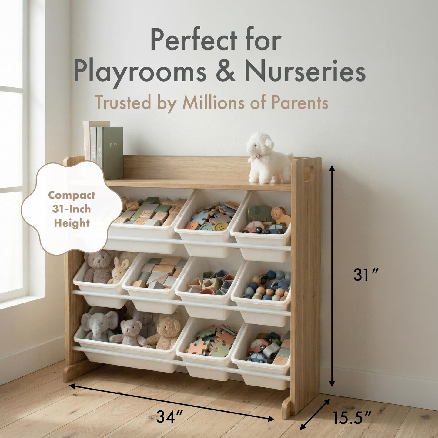 Humble Crew Toy Storage Organizer with Top Shelf and 9 Removable Bins, Natural/White – Toddler Bookshelf with Toy Organizer - Modern Toy Rack Ideal for Kids' Rooms, Playrooms, and Nurseries Humble Crew