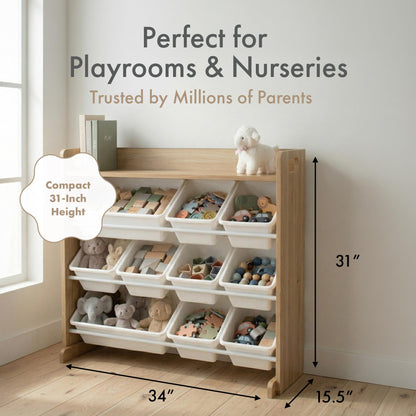 Humble Crew Toy Storage Organizer with Top Shelf and 9 Removable Bins, Natural/White – Toddler Bookshelf with Toy Organizer - Modern Toy Rack Ideal for Kids' Rooms, Playrooms, and Nurseries Humble Crew