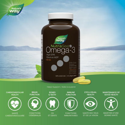 Nature's Way NutraSea HP Omega 3 + Vitamin D Softgels Supplement with Fish Oil – High Potency – Heart, Brain, Bone & Immune Support for Adults and Kids Ages 9+ – EPA & DHA + 1000IU D3, 60 Softgels