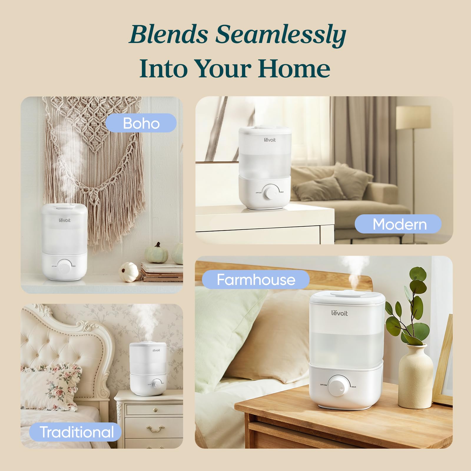 Levoit Humidifiers for Bedroom, Top Fill Cool Mist Air Humidifier for Baby Nursery, Plants, Ultrasonic, Auto Shut-off, BPA Free, Quiet, Knob Control, 360° Nozzle