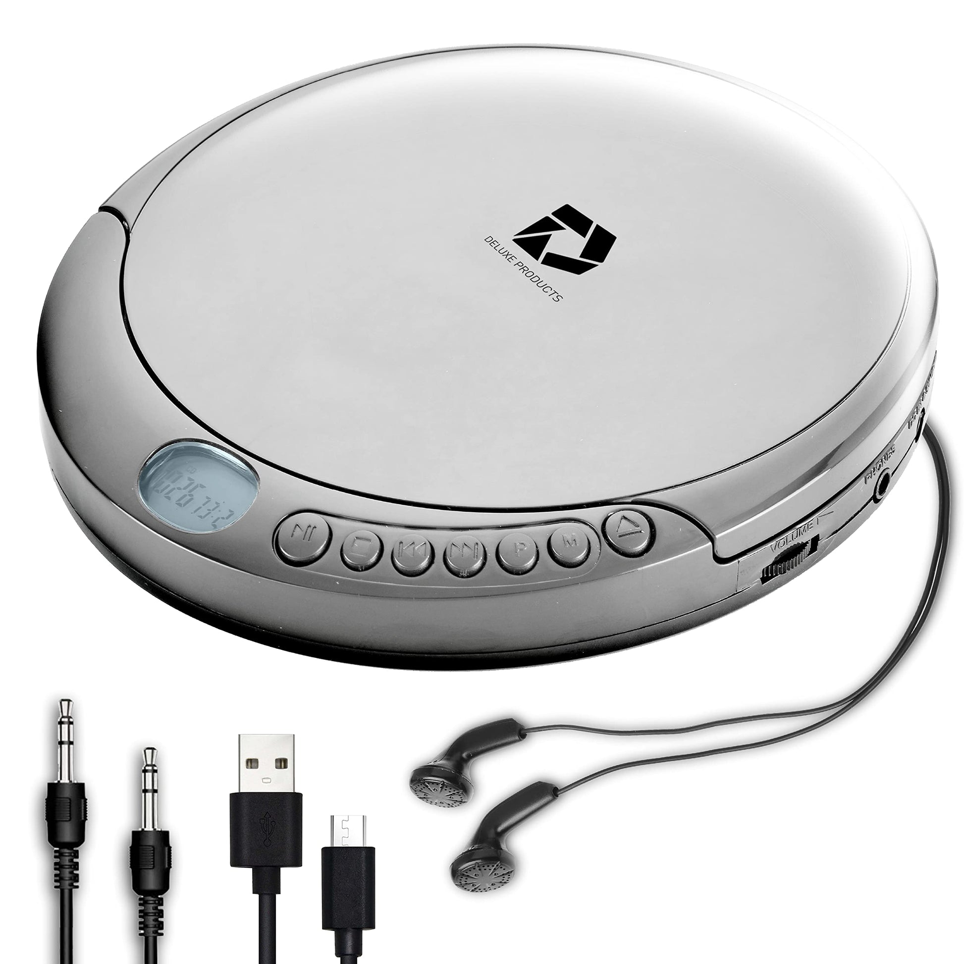 Deluxe Products CD Player Portable with 60 Second Anti Skip, Stereo Earbuds, Includes Aux in Cable and AC USB Power Cable for use at Home or in Car. Silver Deluxe Products