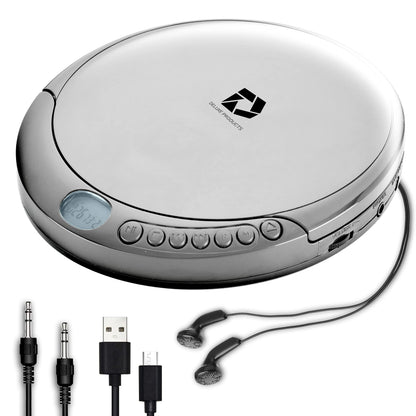 Deluxe Products CD Player Portable with 60 Second Anti Skip, Stereo Earbuds, Includes Aux in Cable and AC USB Power Cable for use at Home or in Car. Silver Deluxe Products