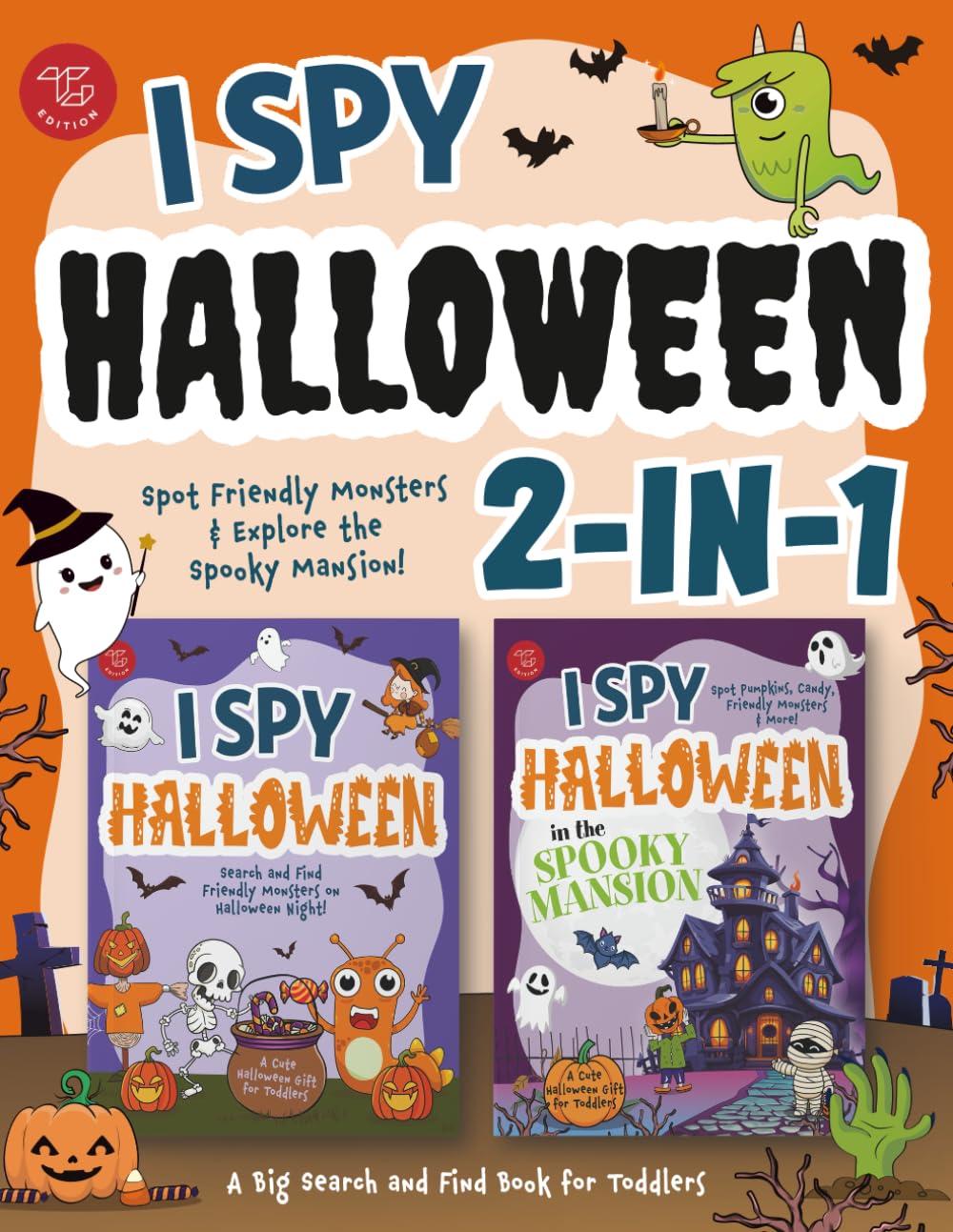 Jeu d'observation Halloween 2 en 1 : Trouvez des monstres amicaux et explorez le manoir hanté ! Un grand livre de cherche et trouve pour les tout-petits