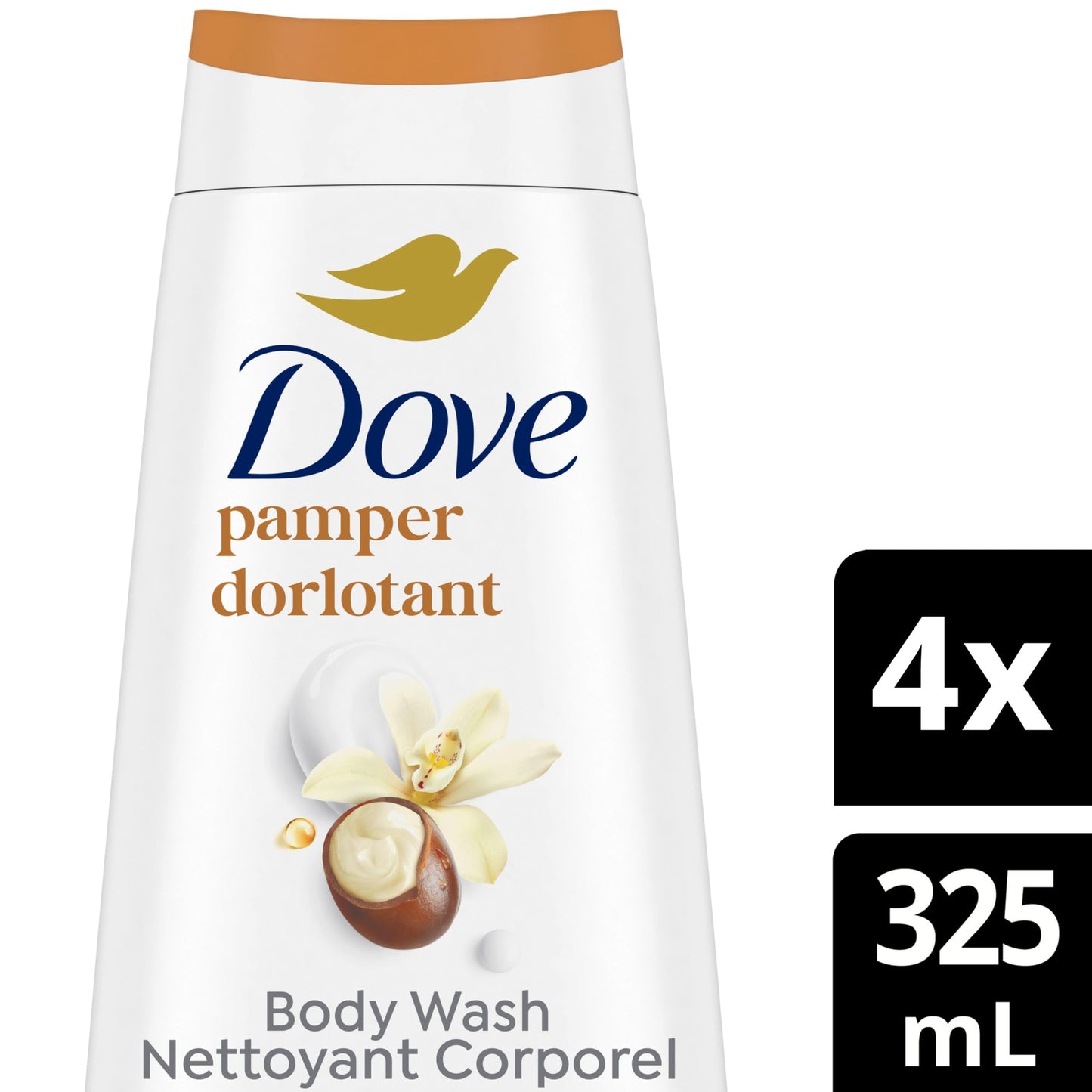 Dove Body Wash for Renewed, Healthy-Looking Skin, Pampering Shea Butter & Vanilla, Gentle Skin Cleanser with 24hr Renewing MicroMoisture, 325mL (Pack of 4)