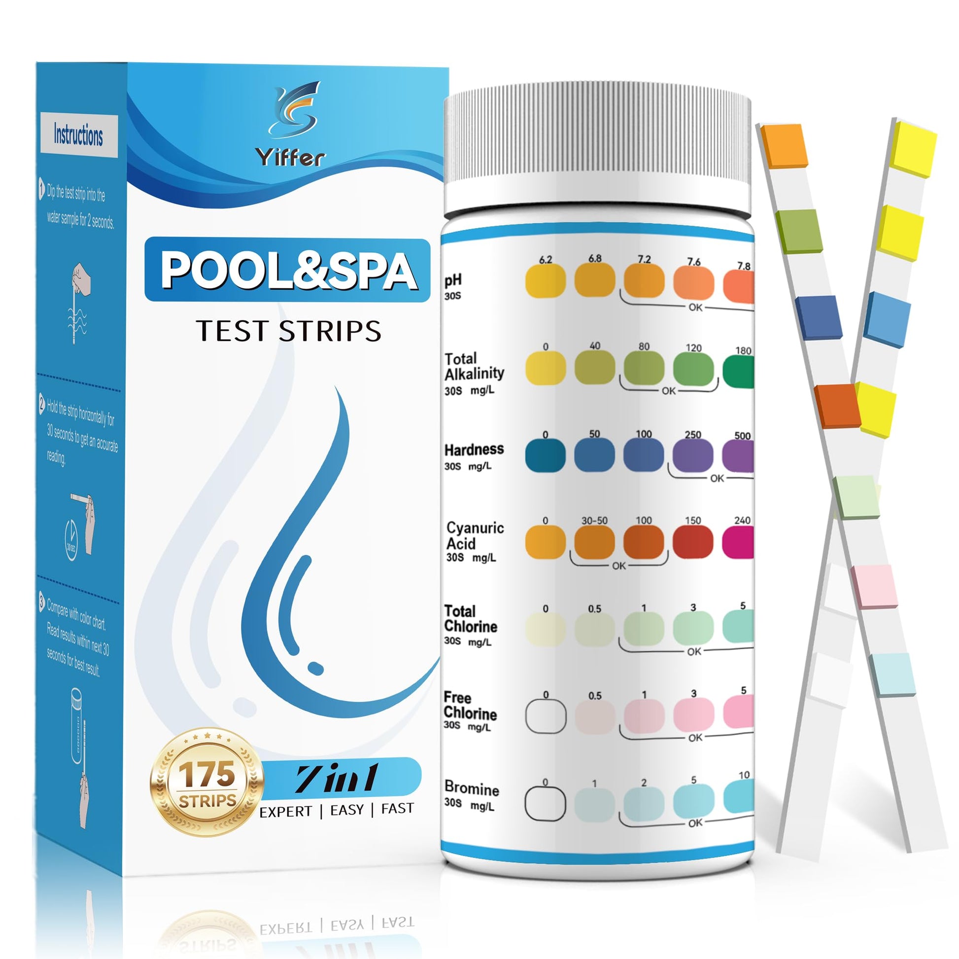 175-Count 7-Way Hot Tub & Pool Test Strips - Accurate Test Bromine, Total Alkalinity, pH, Free Chlorine, Total Hardness, Cyanuric Acid, and Total Chlorine