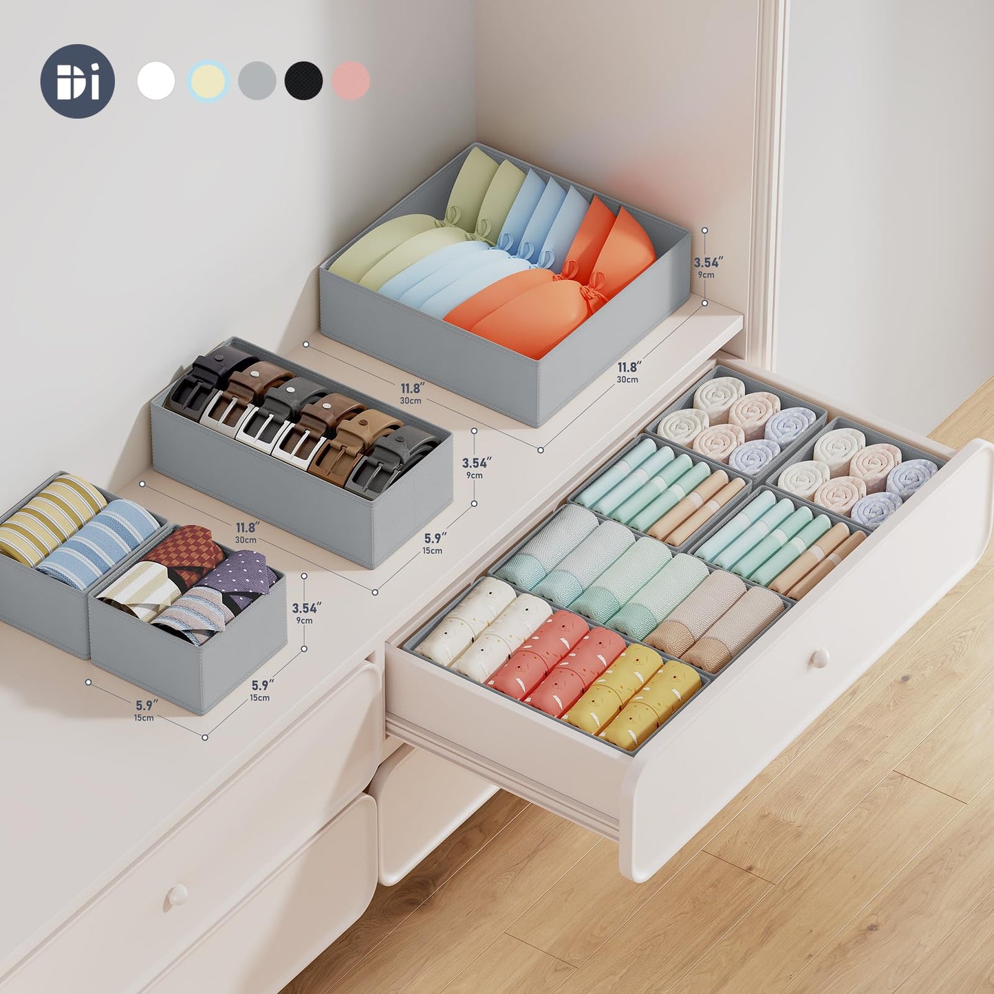 DIMJ Drawer Organizers Clothes Dresser Organizers - 12 Pack Fabric Closet Dividers Storage Organization, Foldable Nursery Bedroom Bins for Baby Clothing, Underwear, Socks, Bra, Ties (Grey)