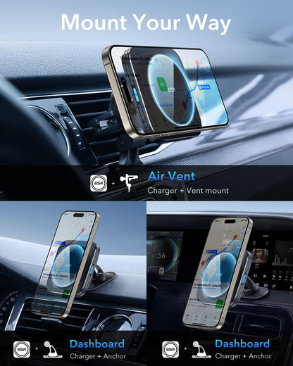 ESR 15W for MagSafe Car Mount Charger, Air Vent Dashboard Wireless Magnetic Phone Holder Chargerfor iPhone 17e Air 17 Pro Max 16 15 14 Plus 13 12 Mini, Galaxy S25/S26 Series for MagSafe Accessories