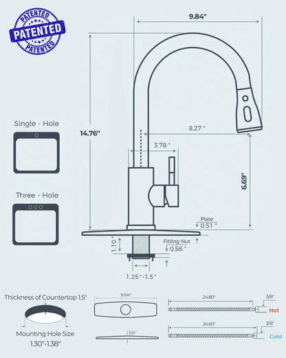 FORIOUS Black Kitchen Faucets with Pull Down Sprayer, Kitchen Sink Faucet with Pull Out Sprayer, Fingerprint Resistant, Single Hole Deck Mount, Single Handle Copper Kitchen Faucet, Matte Black