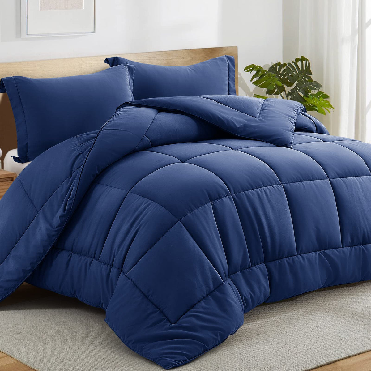 All Season Queen Comforter Set 3 PCs Soft Quilted Down Alternative Comforter+2 Pillow Shams with Corner Tabs,Winter Summer Warm Fluffy,Machine Washable(Queen, Navy Blue) 🍁 All In One Marketplace Canada