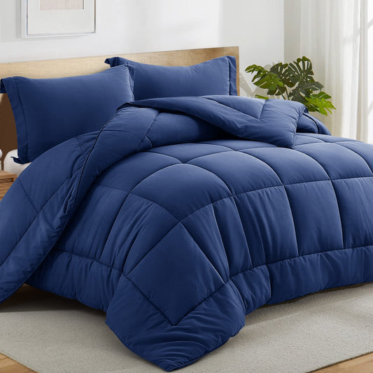 All Season Queen Comforter Set 3 PCs Soft Quilted Down Alternative Comforter+2 Pillow Shams with Corner Tabs,Winter Summer Warm Fluffy,Machine Washable(Queen, Navy Blue) 🍁 All In One Marketplace Canada