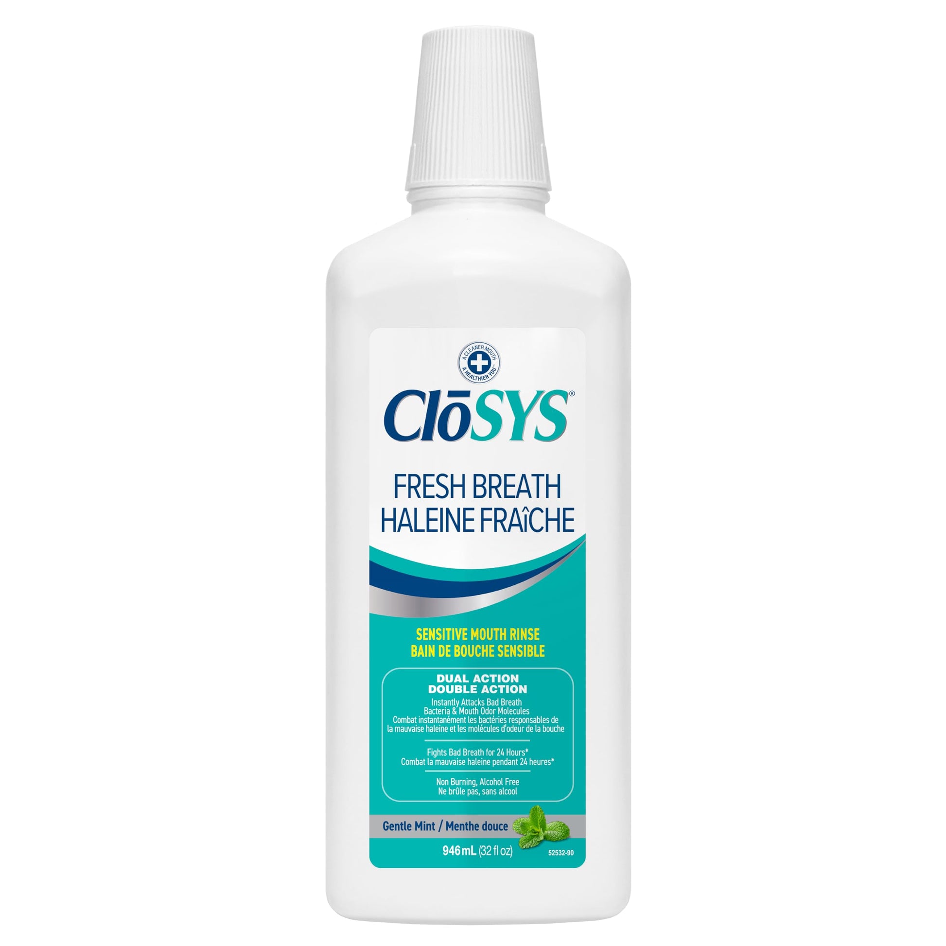 CloSYS Sensitive Fresh Breath Mouthwash - Gentle Mint, Alcohol-Free, Dye-Free, pH Balanced - Soothe Mouth Sensitivity, Eliminate Bad Breath (Flavored) Rinse 32oz CloSYS