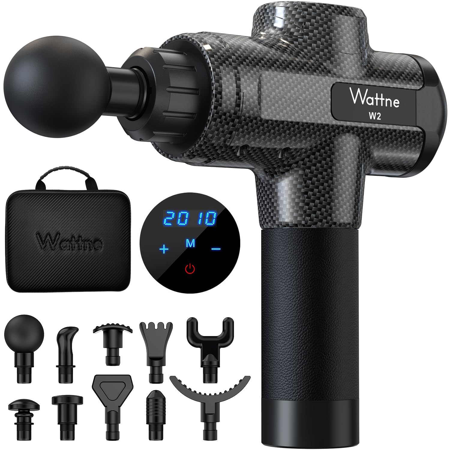 Muscle Massage Gun Deep Tissue Percussion Massager - Portable Handheld Sport Massagers for Athletes, Quiet & Powerful Brushless Motor Cordless, 20 Speed Level,Wattne W2 (Carbon)