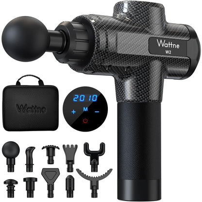 Muscle Massage Gun Deep Tissue Percussion Massager - Portable Handheld Sport Massagers for Athletes, Quiet & Powerful Brushless Motor Cordless, 20 Speed Level,Wattne W2 (Carbon)