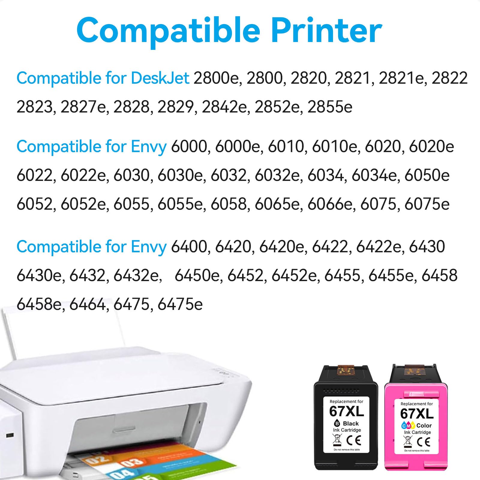 67XL Ink Cartridges Compatible for HP 67 Ink Cartridges Combo Pack Black Color Fit for Deskjet 2855e 4255e 2700 2755e 2734e 2842e 4255e 2723e 4155e 2742e 4100 Envy 6455e 6055e 6000 Printer