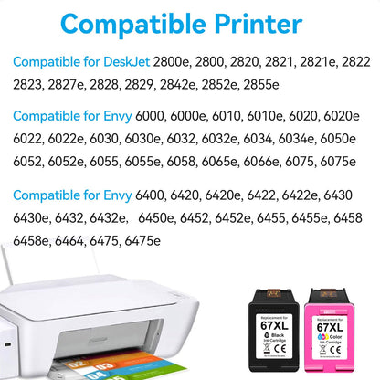 67XL Ink Cartridges Compatible for HP 67 Ink Cartridges Combo Pack Black Color Fit for Deskjet 2855e 4255e 2700 2755e 2734e 2842e 4255e 2723e 4155e 2742e 4100 Envy 6455e 6055e 6000 Printer