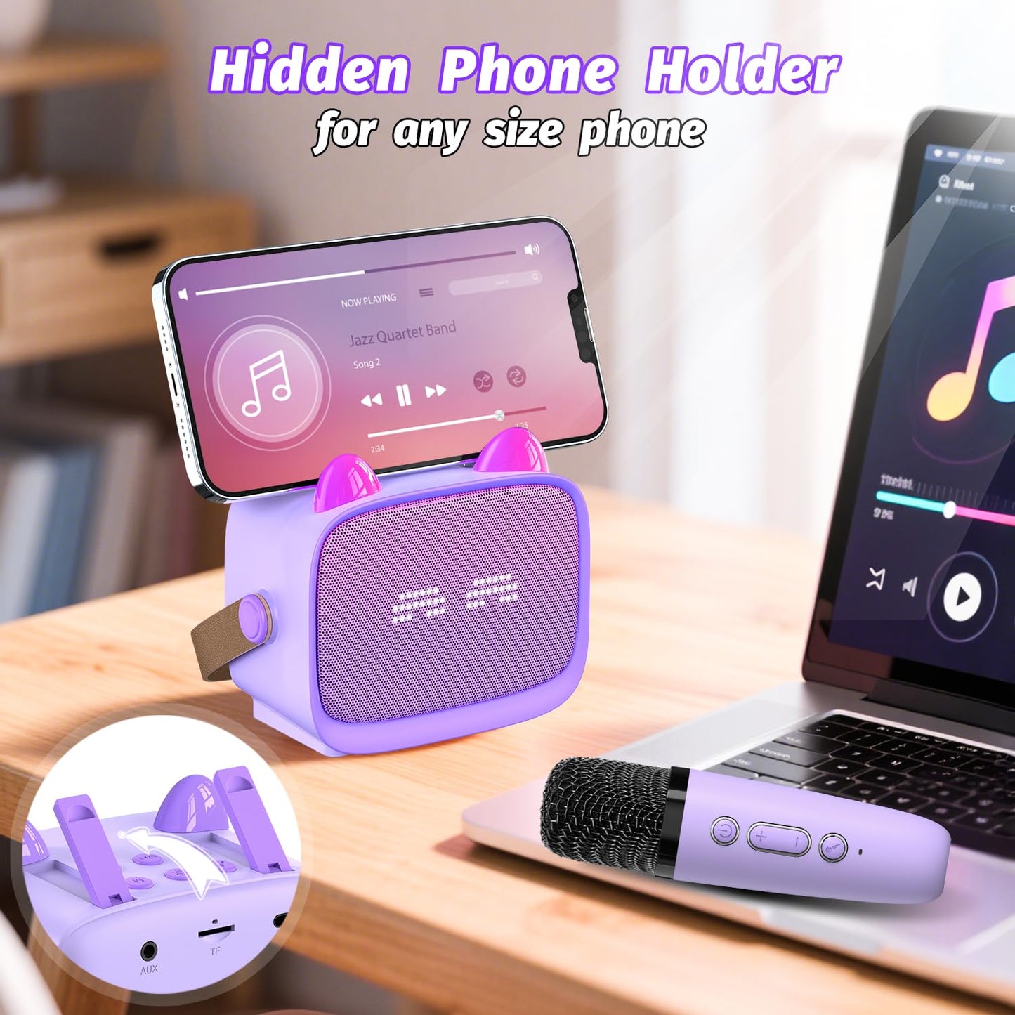 Mini Karaoke Machine Toys Gifts, Kids Portable Bluetooth Speaker with 2 Wireless Microphone and LED, Christmas Birthday Gift Idea for Girls Boys 3-12 + Year Old, Noisemaker Toys for Party (Purple)