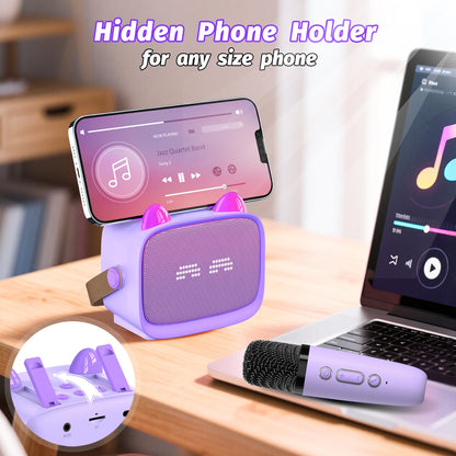 Mini Karaoke Machine Toys Gifts, Kids Portable Bluetooth Speaker with 2 Wireless Microphone and LED, Christmas Birthday Gift Idea for Girls Boys 3-12 + Year Old, Noisemaker Toys for Party (Purple)