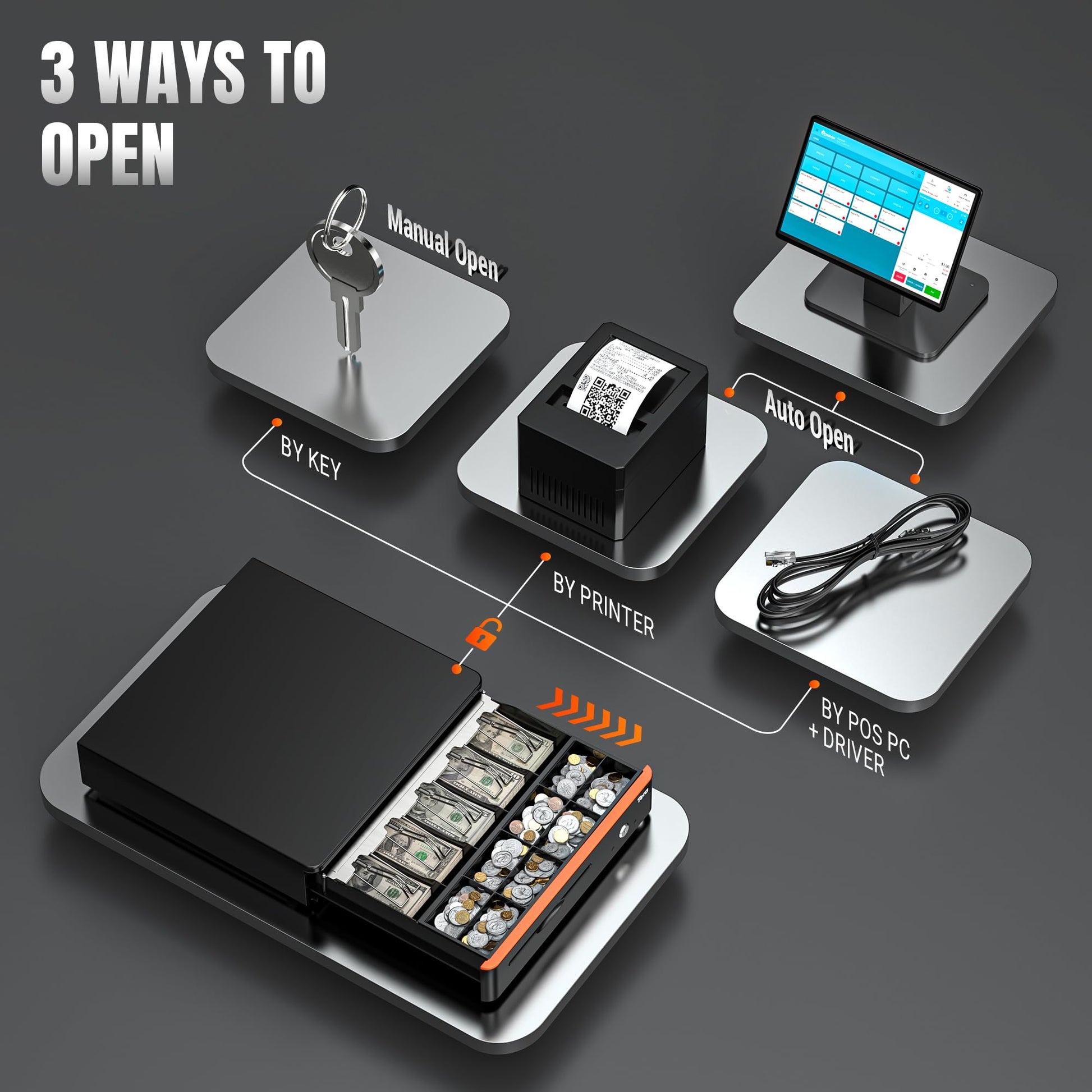 Tera 16" Auto Open Cash Register Drawer Insert Tray 5 Bill 8 Coin for Point of Sale (POS) System with Removable Cash Tray Media Slot 24V RJ12 Key-Lock (Round Corner) for Small Businesses Retail 405R Tera