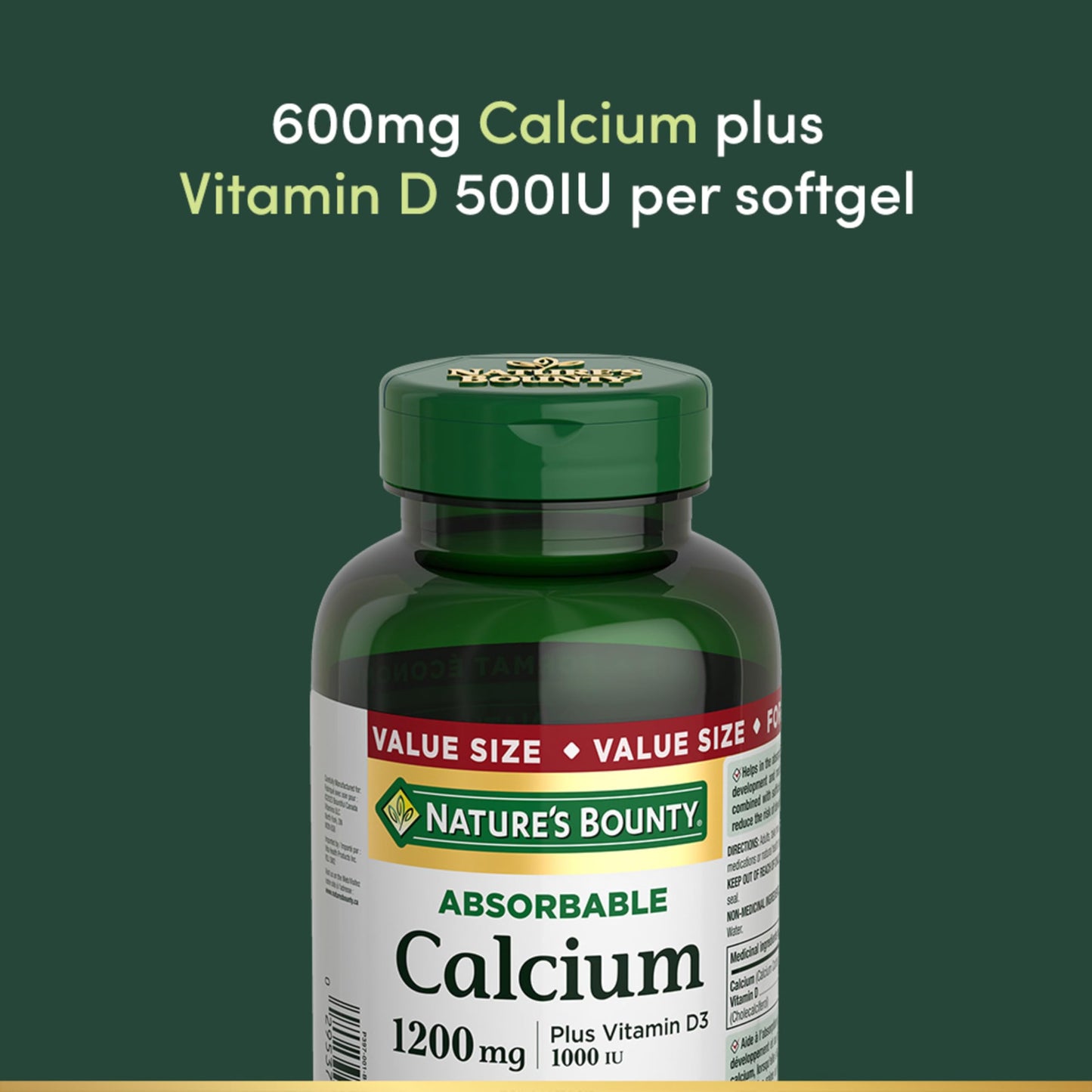 NATURE'S BOUNTY Calcium Plus Vitamin D3, Absorbable, 1200 mg, Helps Bones & Teeth, Softgels, 535 g - Available at All In One Marketplace Canada