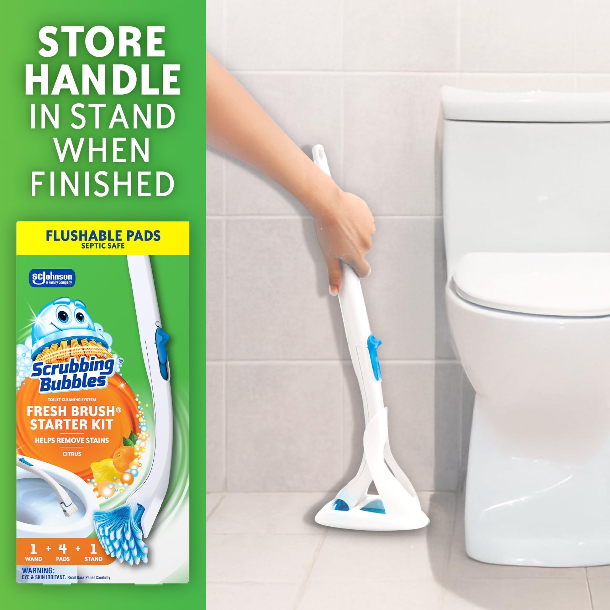 Scrubbing Bubbles Fresh Brush Toilet Bowl Cleaning System Starter Kit, Stain Removing, Citrus Action Scent, Includes: Wand + 4 Refills + 1 Stand - Available at All In One Marketplace Canada