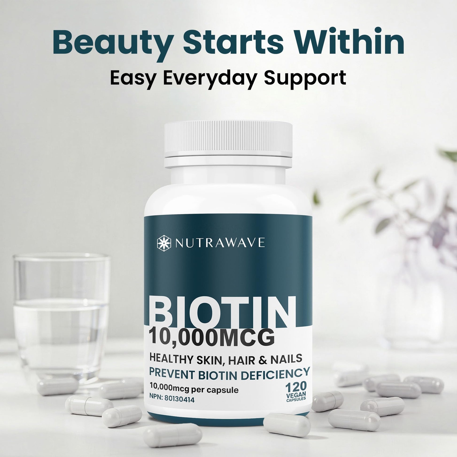 Nutrawave Extra Strength Biotin 10000mcg – Biotin for Hair Growth, Lush Hair, Glowing Skin & Strong Nails, Ideal for Women & Men, Non-GMO, Vegan, Gluten-Free. 120 Capsules - Available at All In One Marketplace Canada
