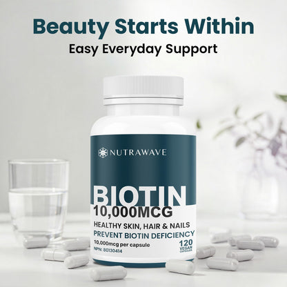 Nutrawave Extra Strength Biotin 10000mcg – Biotin for Hair Growth, Lush Hair, Glowing Skin & Strong Nails, Ideal for Women & Men, Non-GMO, Vegan, Gluten-Free. 120 Capsules - Available at All In One Marketplace Canada