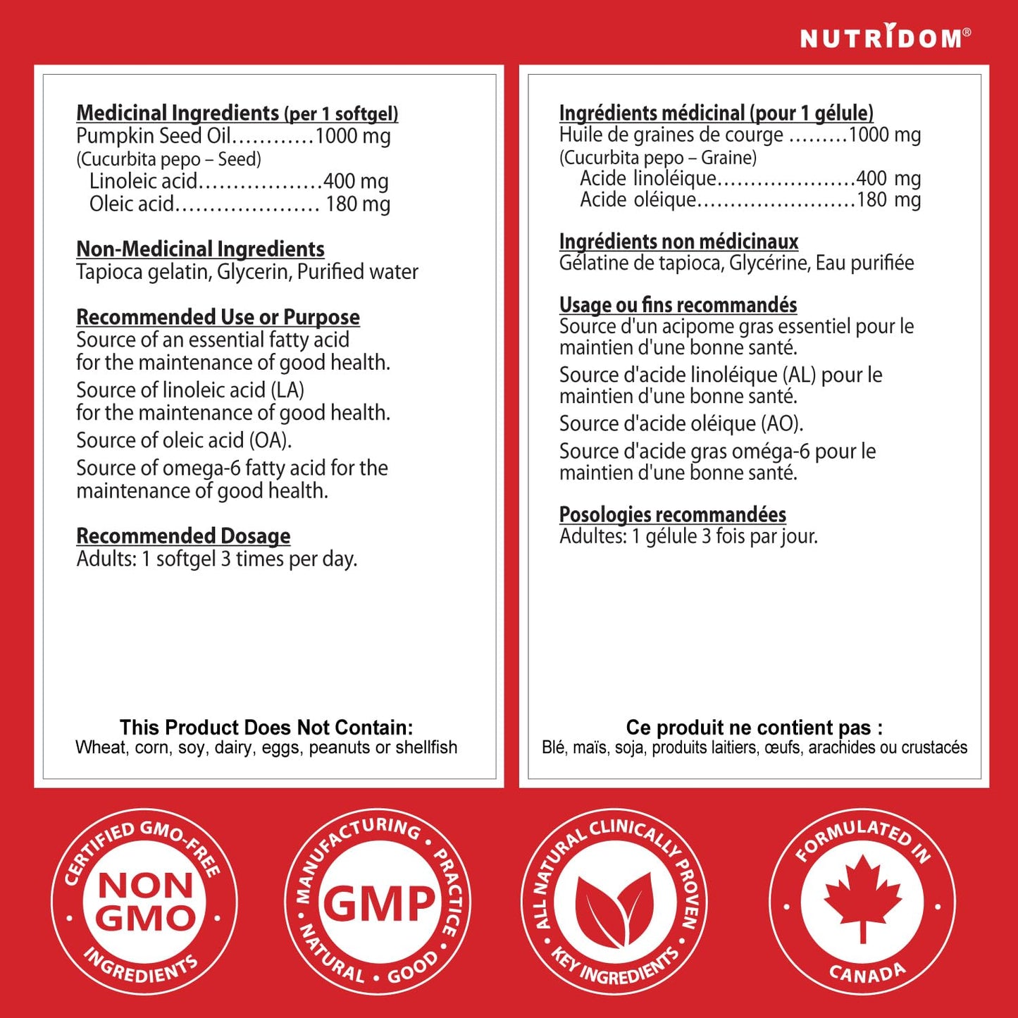 Nutridom Pumpkin Seed Oil Capsules 1000 mg, 90 Veggie Softgels, Cold-Pressed, Essential Fatty Acids, Linoleic & Oleic Acid, Vegan, Non-GMO, Gluten Free, Soy Free, Made in Canada - Available at All In One Marketplace Canada