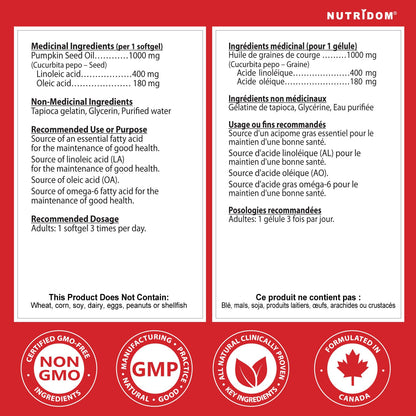 Nutridom Pumpkin Seed Oil Capsules 1000 mg, 90 Veggie Softgels, Cold-Pressed, Essential Fatty Acids, Linoleic & Oleic Acid, Vegan, Non-GMO, Gluten Free, Soy Free, Made in Canada - Available at All In One Marketplace Canada