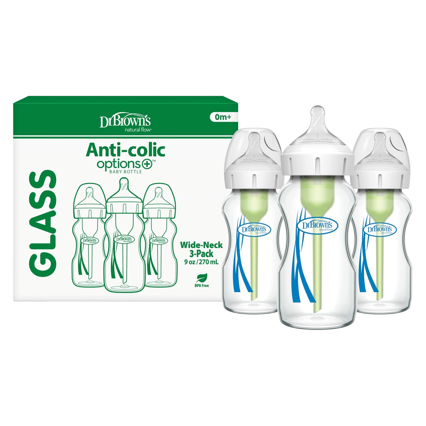 Dr. Brown's Natural Flow Anti-Colic Options+ Wide-Neck Glass Baby Bottles 9 oz/270 mL, with Level 1 Slow Flow Nipple, 3 Pack, 0m+ 🍁 All In One Marketplace Canada