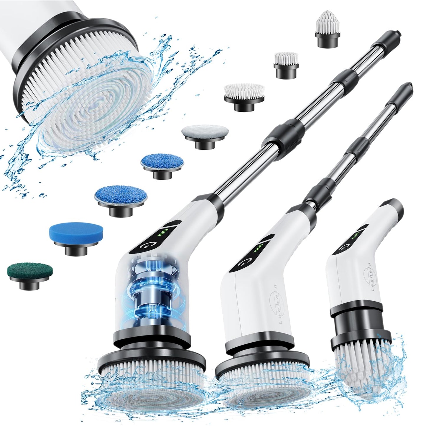 Leebein Electric Spin Scrubber, Cordless Cleaning Brush with 8 Replaceable Brush Heads, Tub and Floor Tile Power Scrubber Dual Speed with Adjustable & Detachable Handle for Bathroom Cleaning