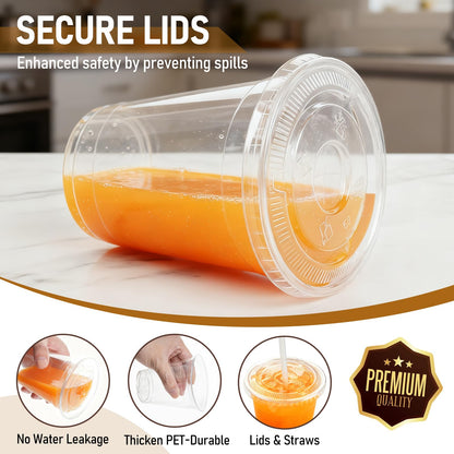 100 Pcs Clear Plastic Cups with Flat Lids and Straws, 12 oz Disposable PET Iced Coffee Cups - Ideal for Ice Coffee, Smoothie, Juice, Lemonade, Cold Beverages - Available at All In One Marketplace Canada