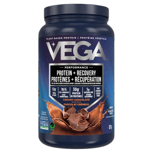 Vega Sport Plant-Based Protein Powder + Recovery - Chocolate, 30g Protein per Serving, 19 Servings, 5g BCAAs, Probiotics, 837g