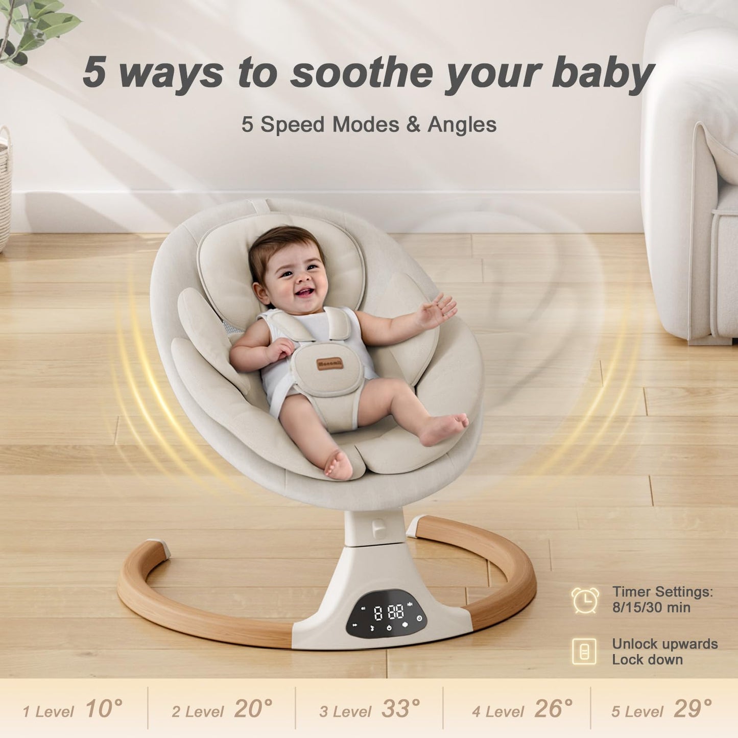 Baby Swings for Infants, Monamii Baby Swing, Bluetooth Infant Swing with Music Speaker, 5 Speeds and Remote Control, Electric Swing for Baby, Portable Baby Swing, Indoor & Outdoor Use (Light Beige) - Available at All In One Marketplace Canada