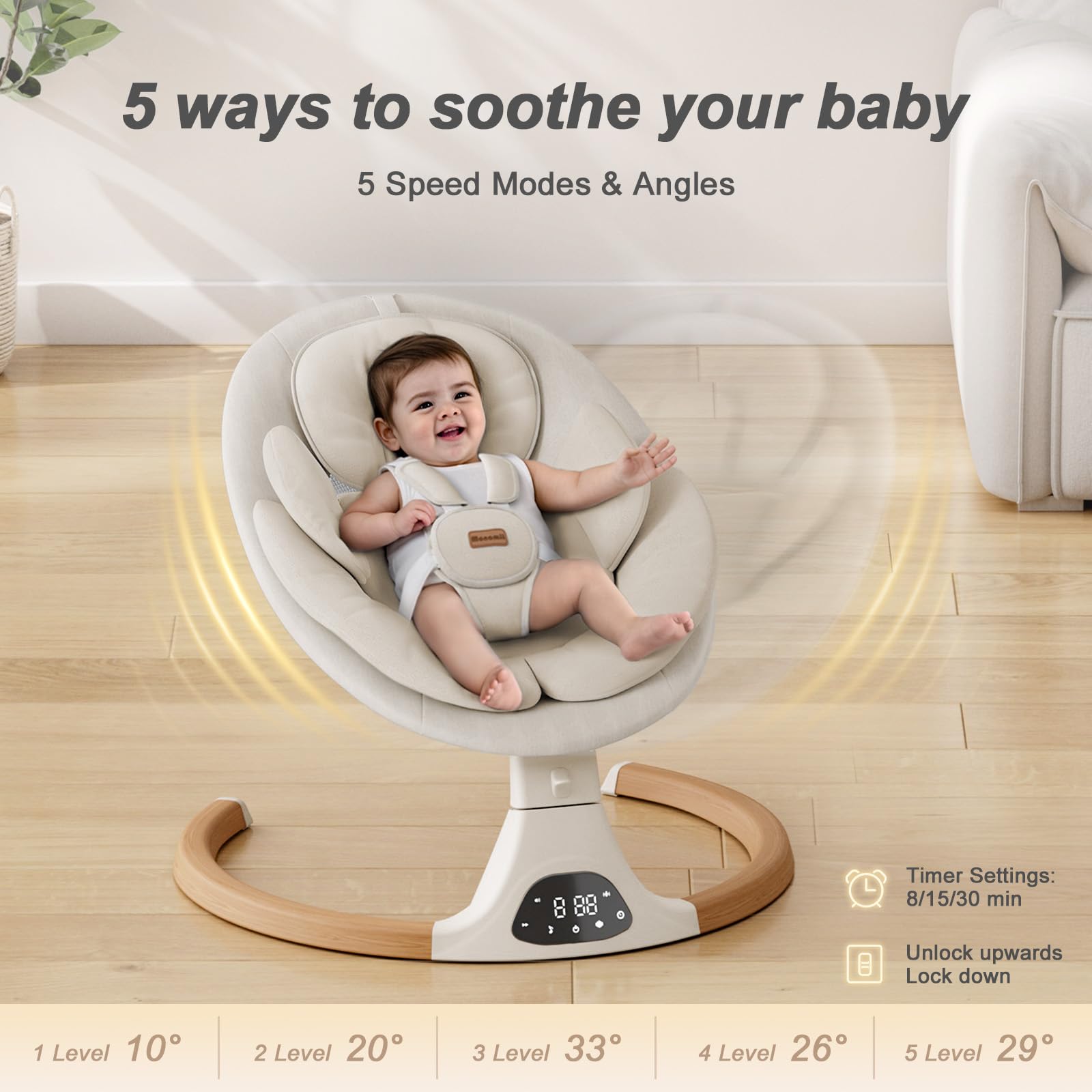 Baby Swings for Infants, Monamii Baby Swing, Bluetooth Infant Swing with Music Speaker, 5 Speeds and Remote Control, Electric Swing for Baby, Portable Baby Swing, Indoor & Outdoor Use (Light Beige) - Available at All In One Marketplace Canada