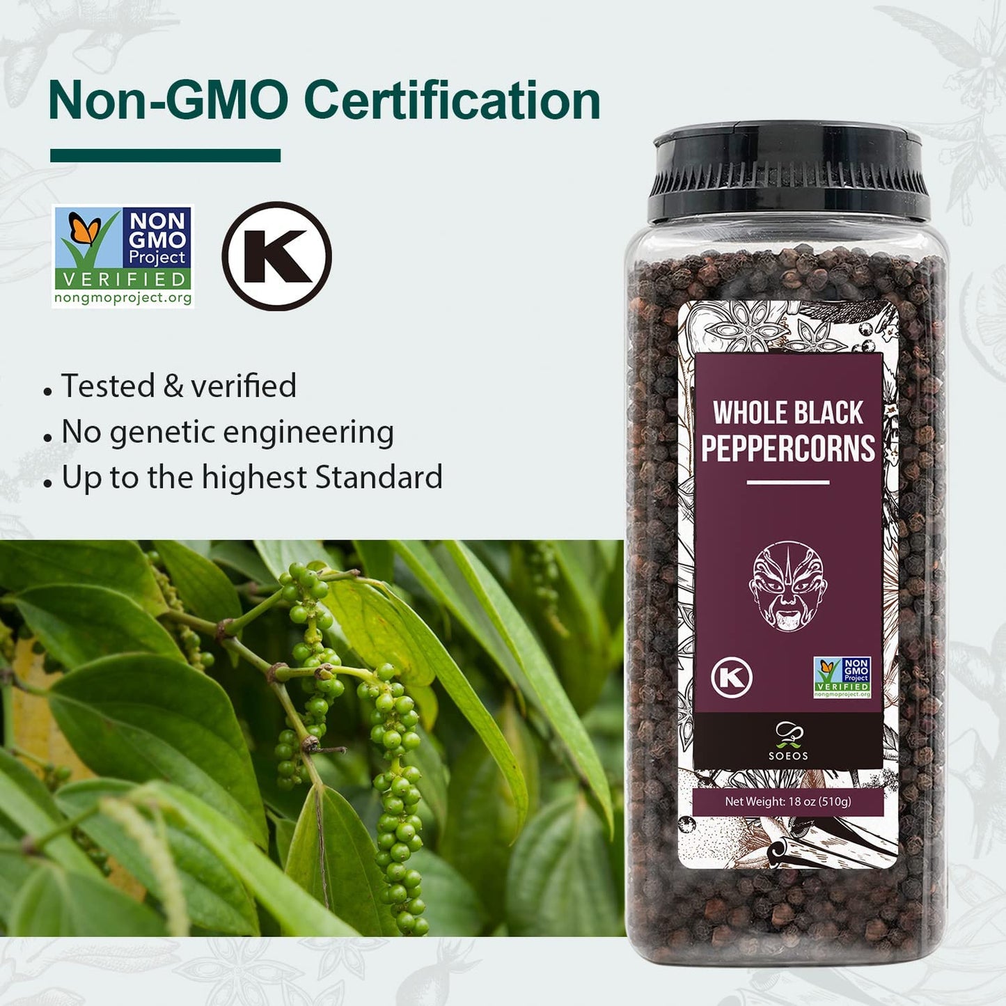 Soeos Himalayan Pink Salt 38.8oz & Whole Black Peppercorns 18oz – Coarse Grain for Grinders, Non-GMO & Kosher