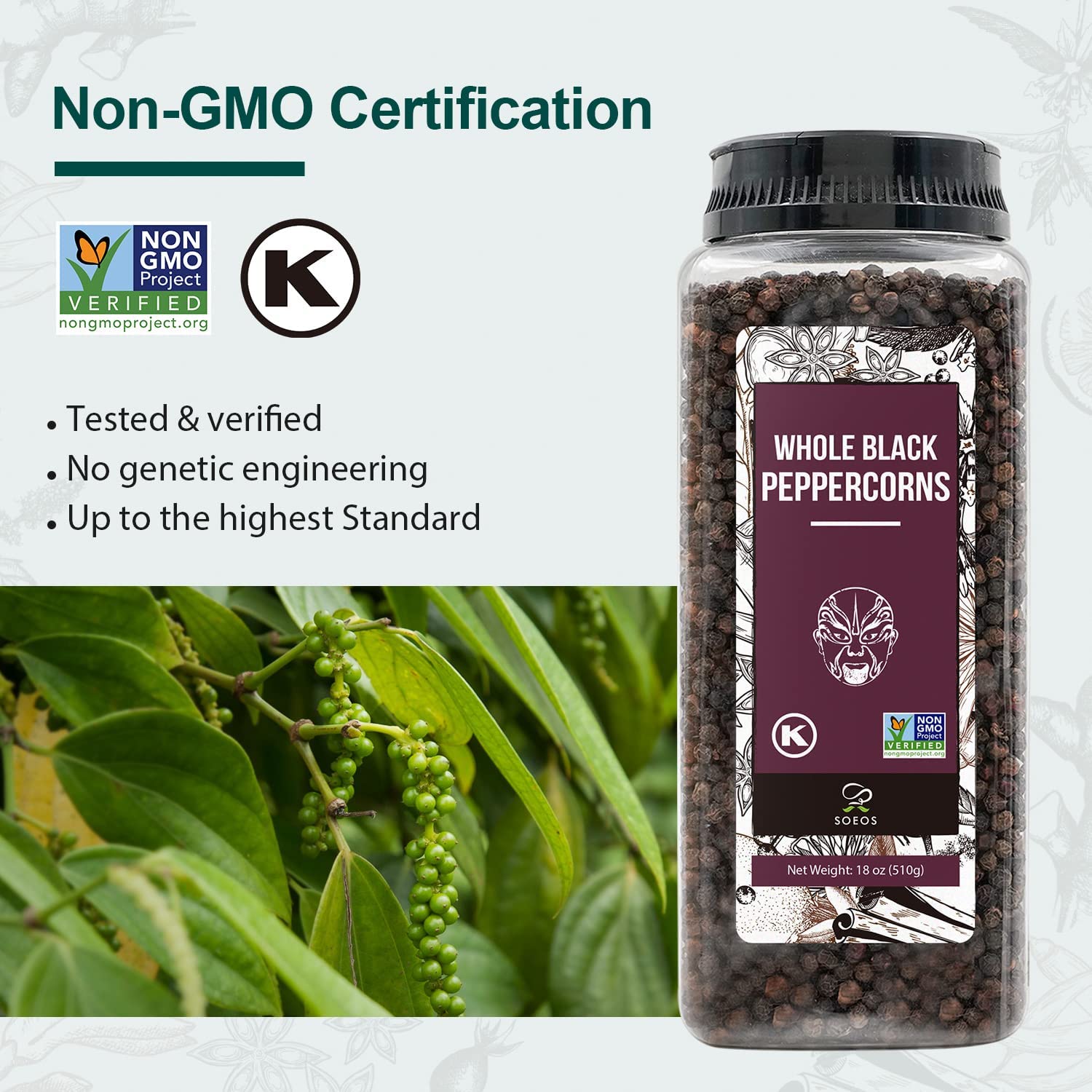 Soeos Himalayan Pink Salt 38.8oz & Whole Black Peppercorns 18oz – Coarse Grain for Grinders, Non-GMO & Kosher