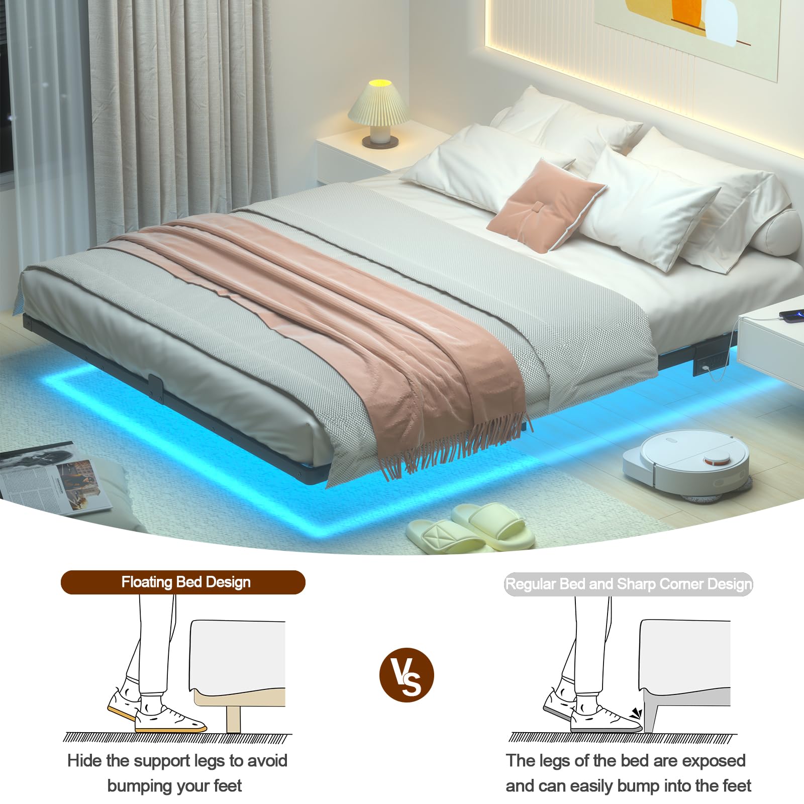 LOAKEKEL Queen Bed Frame, with USB Charging Station, Floating Bed Frame Queen Size with Smart LED Lights, Metal Platform Bed, Heavy Duty Steel Slat, No Box Spring Needed, Easy Assembly, HBF150BK - Available at All In One Marketplace Canada