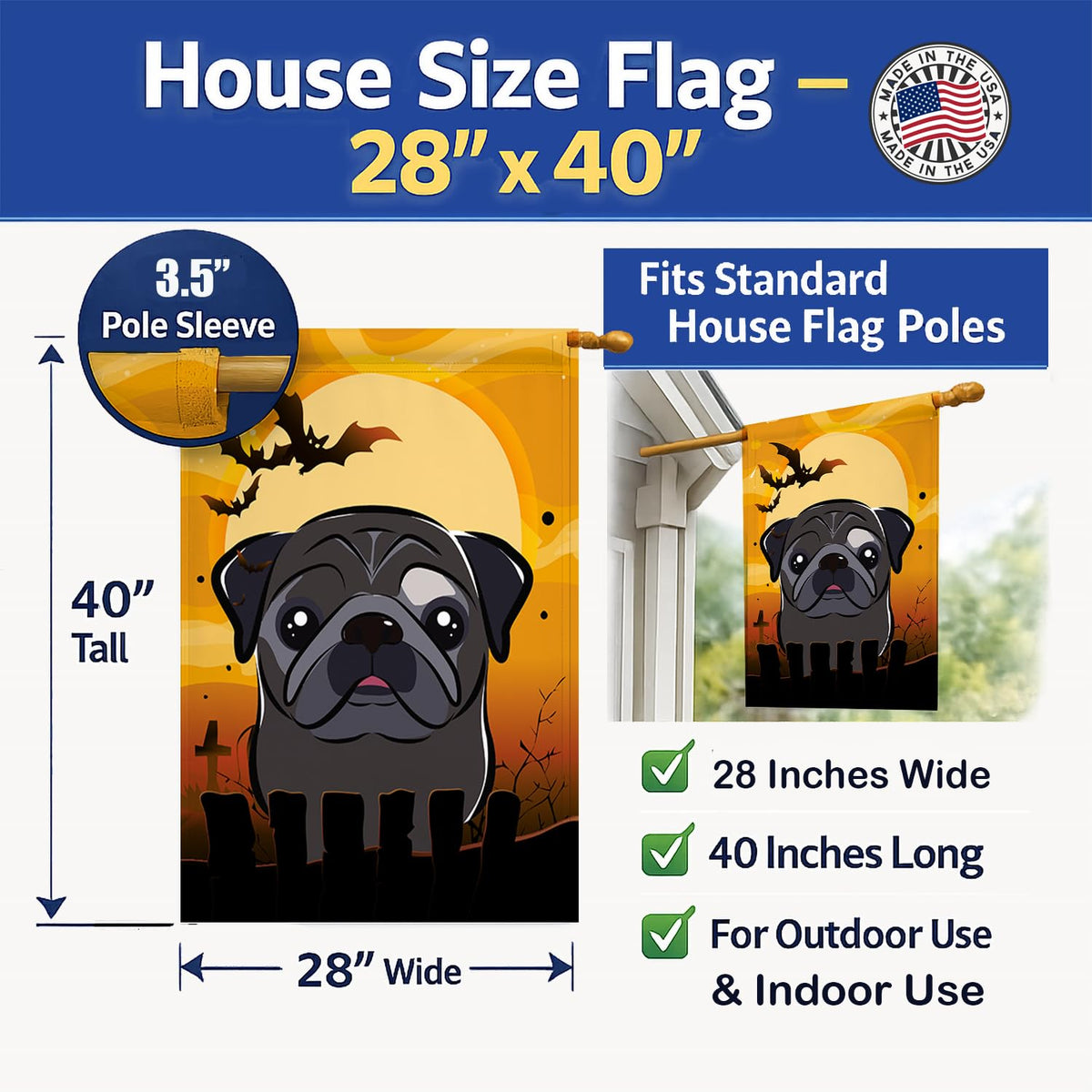 Drapeau de maison en toile Caroline's Treasures BB1821CHF Halloween Carlin noir, multicolore, grand