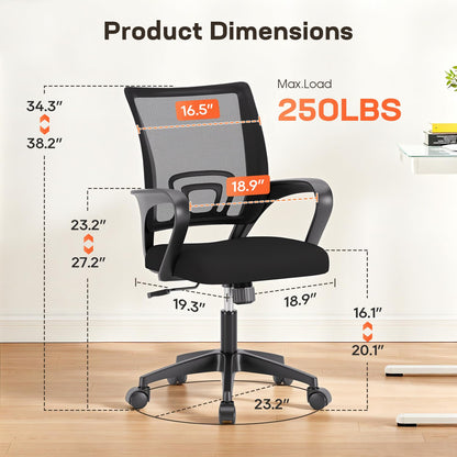 BestOffice | Ergonomic Office Chair | Mid-Back Swivel Desk Chair | Breathable Backrest & Lumbar Support | Adjustable Height | Sponge Seat | Rolling Wheels | Dark Black | for Adults & Women