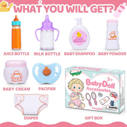Baby Doll Accessories Set in Gift Box, 16 Pack Baby Doll Feeding Caring Kit with Pacifiers & Diaper Bag & Magic Bottles, Birthday / Christmas Party Goody Bag Stuffer, Toddler Kid Girl Pretend Play Toy 🍁 All In One Marketplace Canada