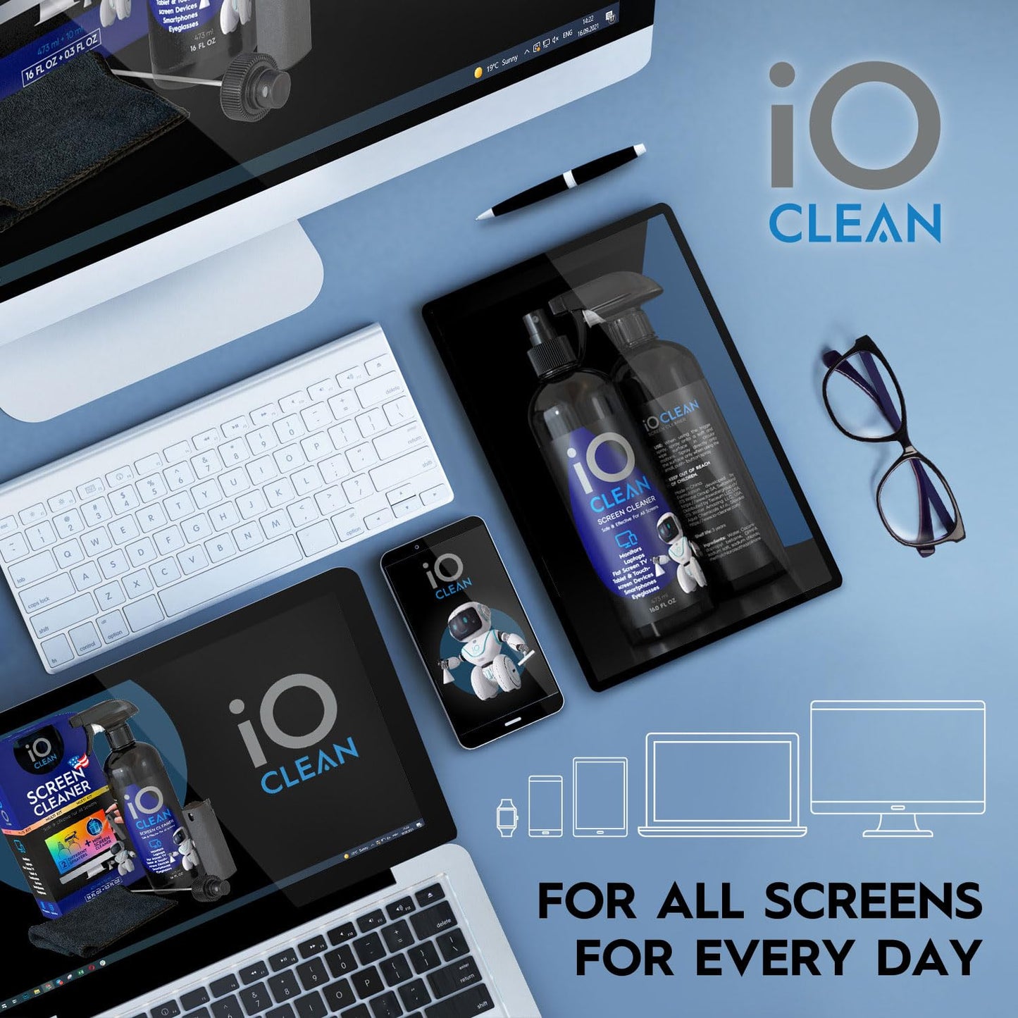 Screen Cleaner Spray (16oz) – Best Large Cleaning Kit for LCD LED OLED TV, Smartphone, iPad, Laptop, Touchscreen, Computer Monitor, Other Electronic Devices – Microfiber Cloth Wipes and 2 Nozzles