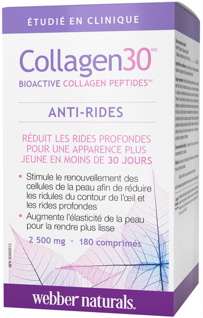 Webber Naturals Collagen30 Anti-Wrinkle, 2500 mg of Bioactive Collagen Peptides Per Serving, 180 Tablets, Helps Reduce Deep Wrinkles, Fine Lines & Stimulates Skin Cells - Available at All In One Marketplace Canada
