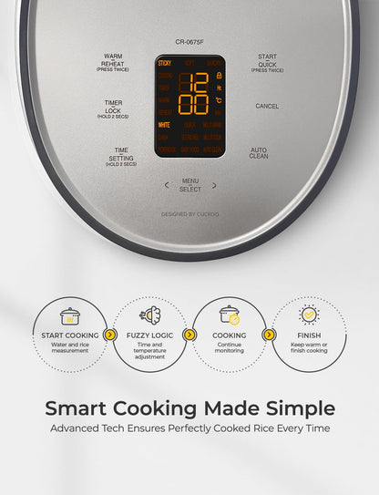 CUCKOO Rice Cooker 6 Cup Uncooked / 12 Cup Cooked, Modern Fuzzy Logic Rice Cooker Small with Delay Timer & Keep Warm Setting, Versatile Food Steamer for Cooking, Non-Stick Inner Pot, Gray (CR-0675FG) CUCKOO