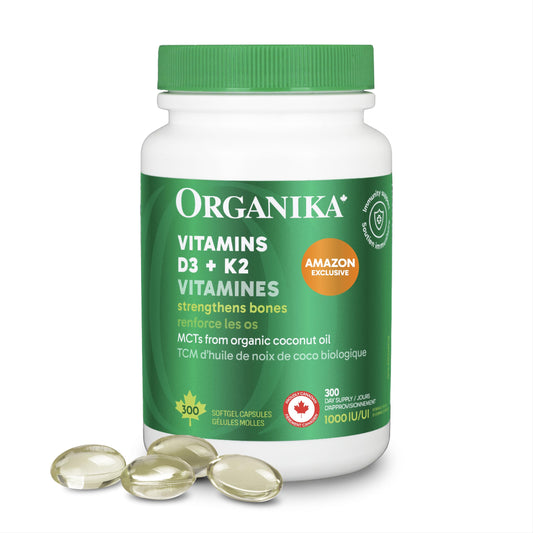 Organika Vitamin D3 + K2 (MK7)- 1000IU D3 and 120mcg K2 per capsule- High Potency, Supports Healthy Immune Function and Bones + Teeth- 300sftgl