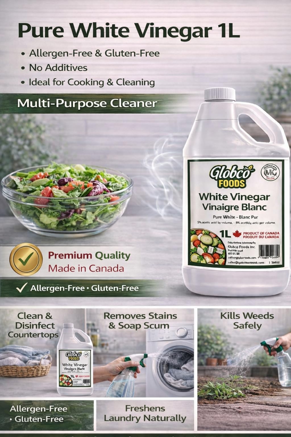 Globco Foods Pure White Vinegar 1L - Allergen-Free & Gluten-Free - No Additives - Ideal for Cooking & Cleaning - Multi-Purpose Cleaner for Kitchen, Bathroom & Laundry - Premium Quality- Made in Canada - Available at All In One Marketplace Canada
