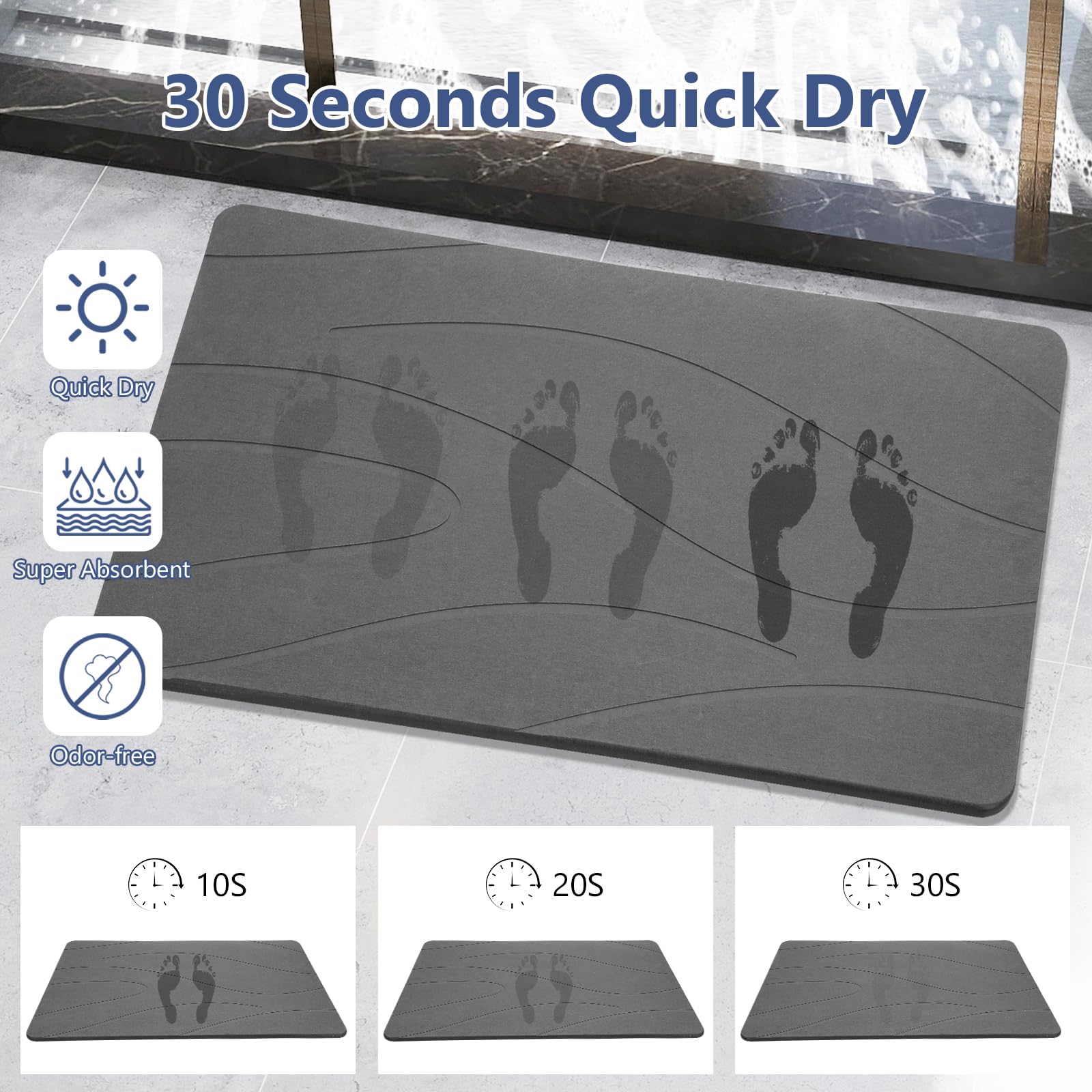 Ceecysaa 80x50cm Stone Bath Mat, Diatomaceous Earth Quick Dry Non Slip, Dark Gray Ceecysaa