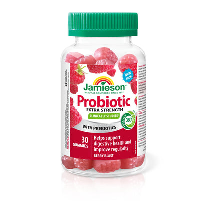 Jamieson Extra Strength Probiotic. 30 Gummies. 5 Billion CFU, Berry Blast Flavour, Improves Digestive Health, and Supports a Healthy Microbiome, No Artificial Colours, Flavours, or Preservatives - Available at All In One Marketplace Canada