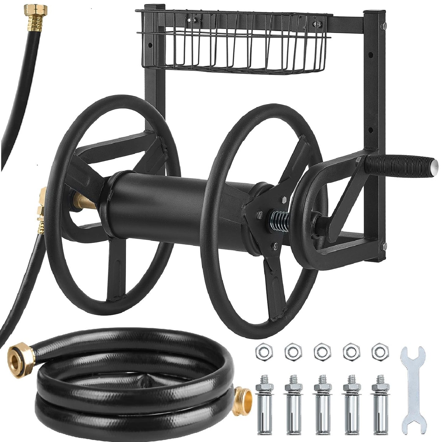 VEVOR Wall Mounted Garden Hose Reel, Holds 125 ft 5/8-inch Hose, Heavy-Duty Water Hose Winder, Space-Saving Design, Outdoor Manual Reel with Brass Fitting and Storage Basket for Yard Lawn VEVOR